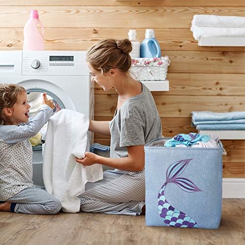 Mermaid Storage Bin - 40 × 33 × 45cm Linen Fabric Storage Baskets Collapsible Nursery Hampers Laundry Basket Boxes Cube Girls Baby Gift Baskets Toys Clothes Shoes Home Organizer