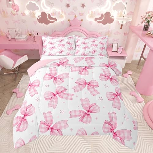 Feelyou Cute Bowknot Comforter Set Toddler Size Plaid Bow Bedding Set Pink Girls Bow Comforter Kawaii Duvet Set Lovely Quilt Set 2Pcs