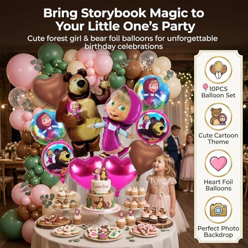 Image of Atpata Funky Forest Girl and Bear Theme Foil Balloons Pack - 10 Pcs | Birthday Party Decorations for Girls | Heart & Round Balloons for Kids Cartoon Party, Jungle Theme Decor
