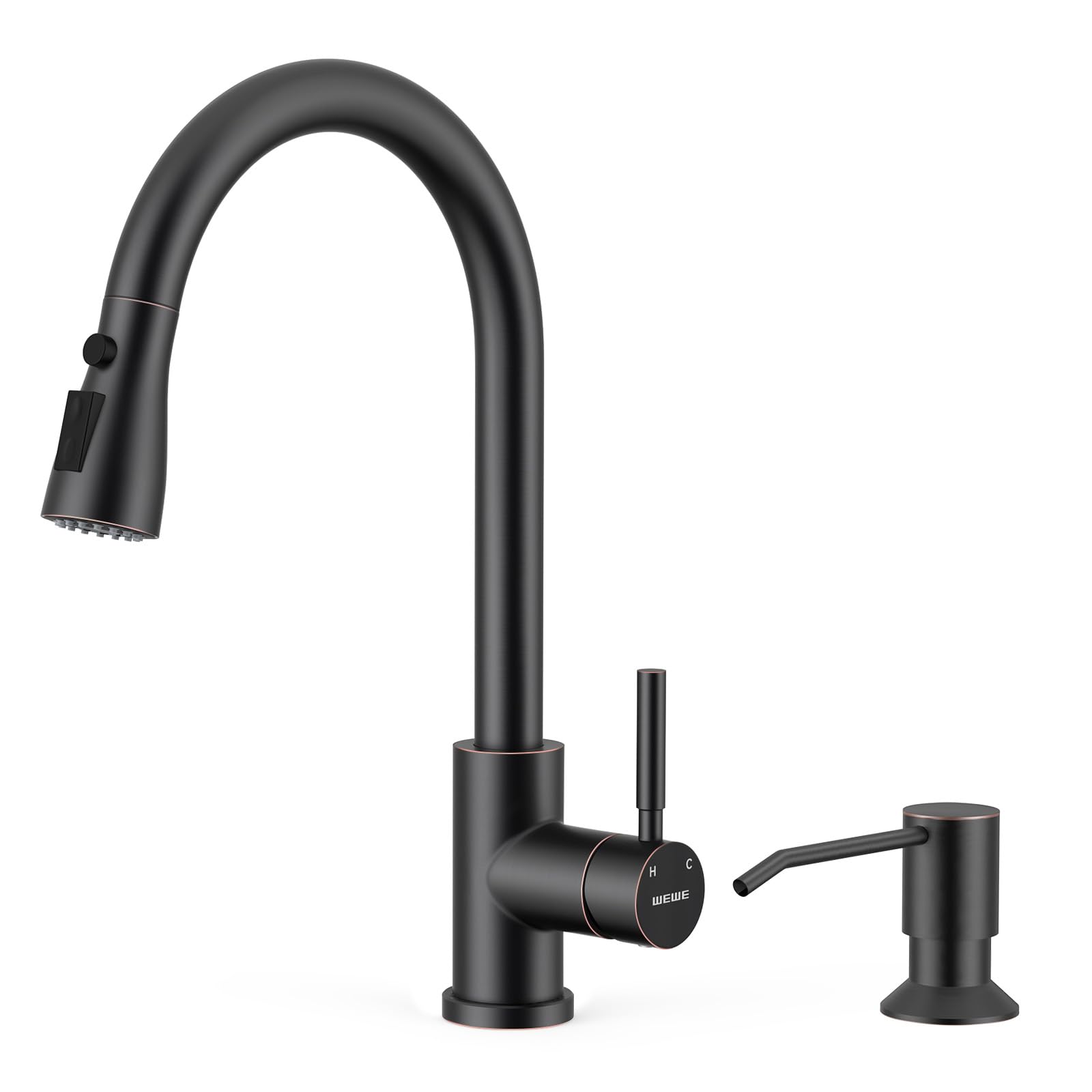 WEWE Kitchen Faucet with Pull Down Sprayer and Soap Dispenser, Oil Rubbed Bronze High Arc Single Handle Stainless Steel Sink Faucet, Suitable for Farmhouse, RV & Laundry Oil Rubbed Bronze Antique