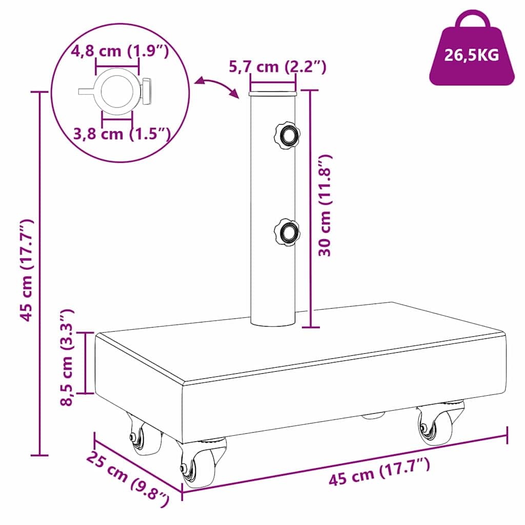 Supporto per ombrellone grigio in granito, 45 x 25 x 45 cm, con ruote, stabile, per giardino, balcone, terrazza, base pesante, resistente alle intemperie e facile da spostare