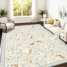 Vintage Whimsical Woodland Animals Floral Area Rug Play Mat Modern Floor Carpet Non-Slip Home Decor Living Room Kids Bedroom Nursery Playroom, 9x12 ft