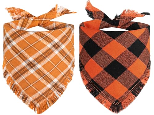 Kytely Fall Thanksgiving Dog Bandanas Large 2Pack Christmas Halloween Classic Plaid Pet Scarf with Tassels Edges for Boy and Girl Pet Apparel & Accessories Costume for Puppy Pets
