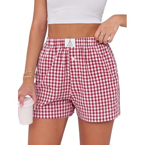 ANRABESS Boxer Shorts for Women Gingham Pajama 2025 Summer Casual Lounge Sleep Plaid Shorts Y2K Beach Bottoms