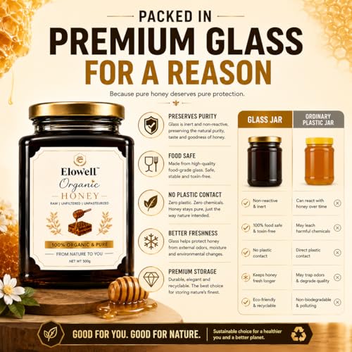 Image of ELOWELL Raw Organic Honey (500g) - Pure Honey, Unprocessed, 100% Natural | Own Farm Sourced | Natural Ingredients | Antioxidants | Supports Immunity | No Added Sugar | Premium Storage | Daily Wellness
