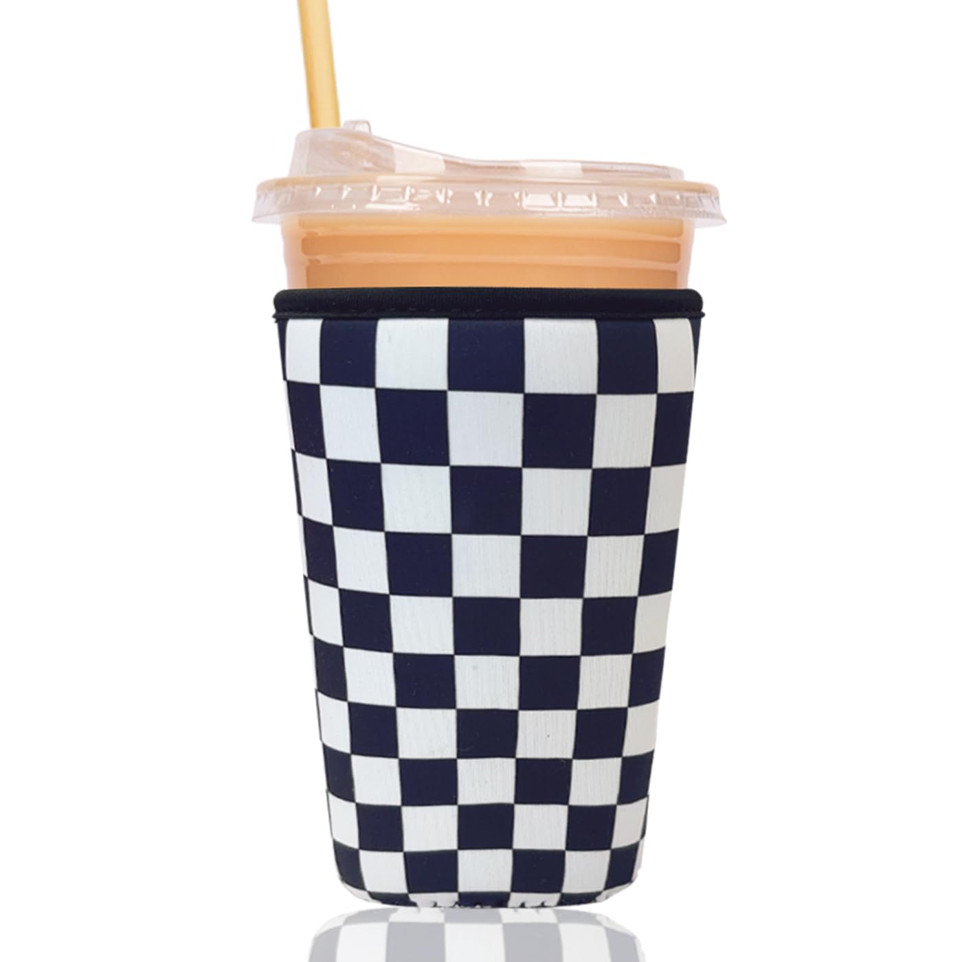Reusable Insulated Sleeve for Iced Coffee Cup, Coffee Neoprene Sleeve for Cold &amp; Hot Drinks, Beverage Holder for Iced Coffee (Checker Grid, Large: 32oz)