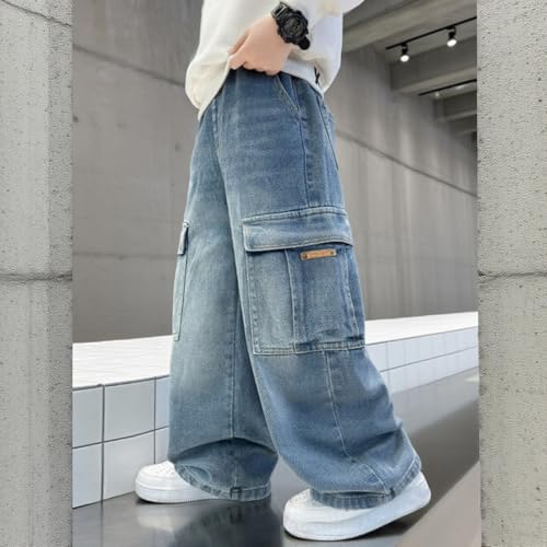 Baggy Cargo Jeans for Boys Straight Wide Leg High Waist Denim Pants, Casual Fashion School Streetwear Trousers Y2k2