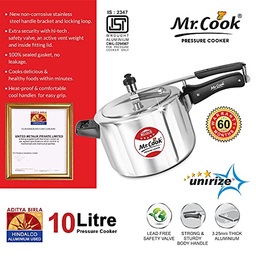 Image of MR COOK By United Metalik Regular Aluminium Non-Induction Pressure Cooker with Inner Lid (Silver) (10 Litre)