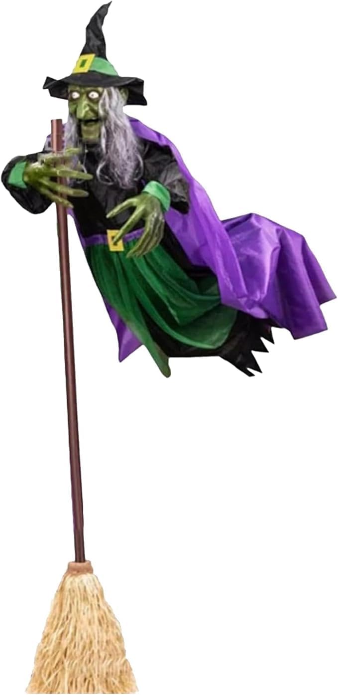 6 FT Motion Activated Flying Hover Witch with Eerie Sounds, Animated Outdoor Halloween Decoration for Yard and Garden (White) (Purple 12ft)