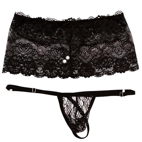 Men's Lace Frilly Sissy Thong Panties Two-Piece Set Sexy Sheer Mesh G-String Bikini Briefs Underwear Skirt Sissy Pouch for Men Black