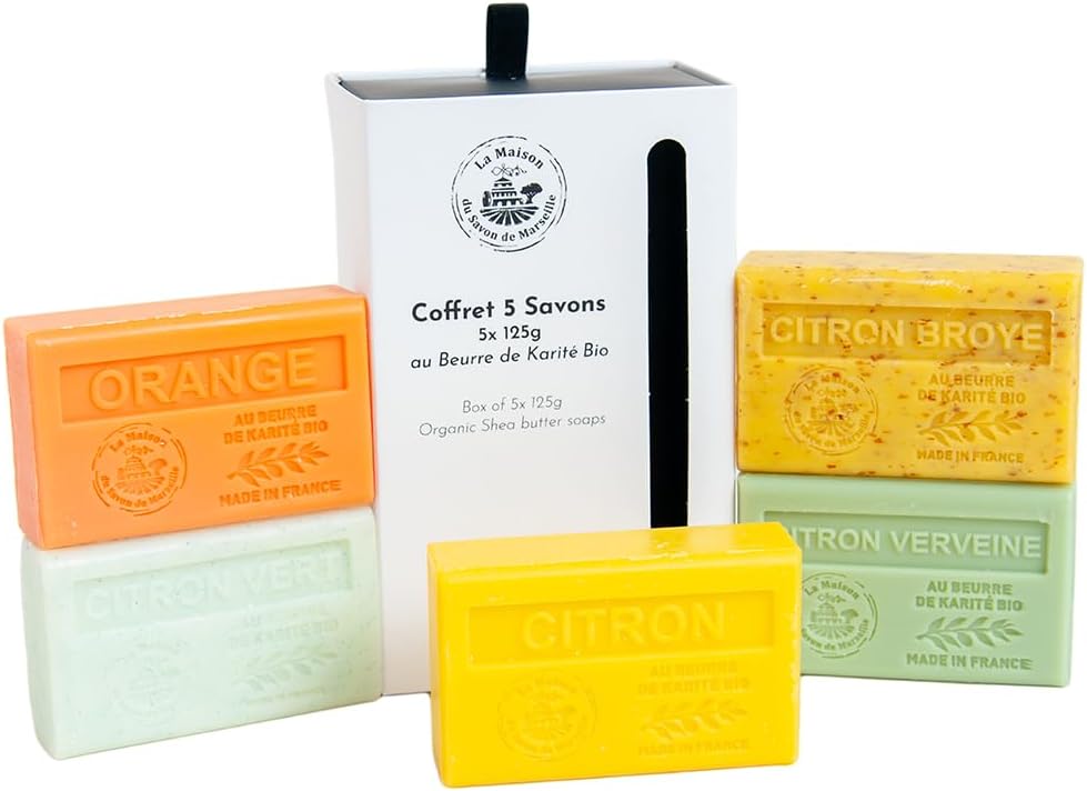 La Maison du Savon de Marseille – French Soaps – 5 x 125g Bars – Organic Shea Butter Nourishing Moisturising Skincare Gift Set – Citrus Fragrances – Lemon – Lime – Verbena – Orange – Crushed Lemon