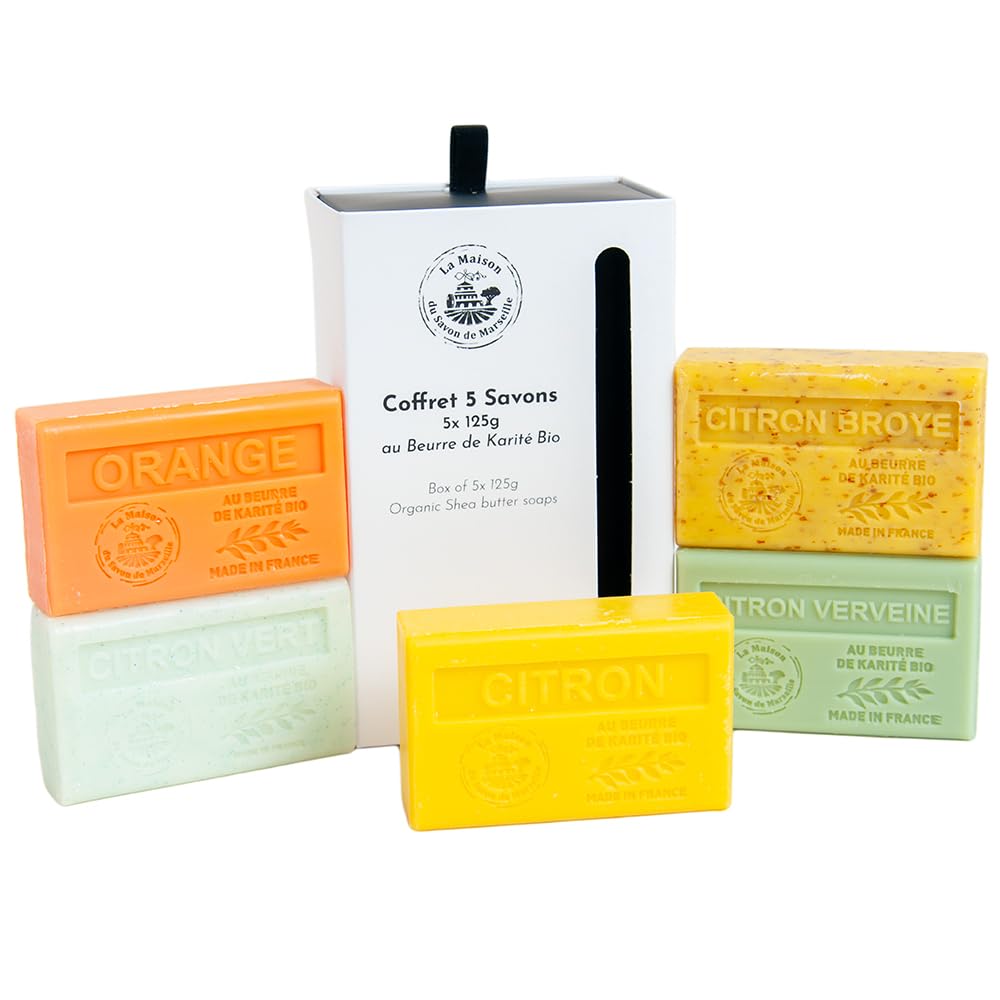 de Marseille - French Soaps - 5 x 125g Bars - Organic Shea Butter Nourishing Moisturising Skincare Gift Set - Citrus Fragrances - Lemon - Lime - Verbena - Orange - Crushed Lemon