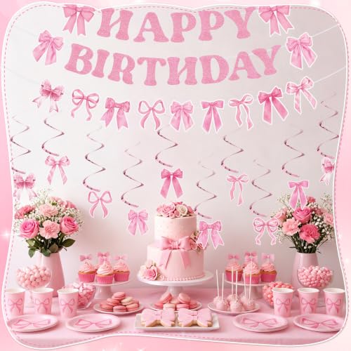 Image of Pink Bow Happy Birthday Banner with Hanging Swirls Decor | Bow Birthday Party Decorations Pink Birthday Party Set for Walls Ceilings Dessert Tables and Covered Patios