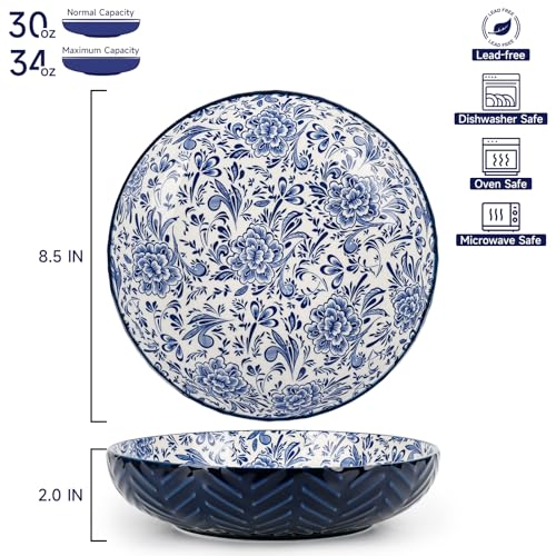 KitchenTour 34 oz Large Salad Bowl, Set of 4, Ceramic Embossment Dishwasher Safe