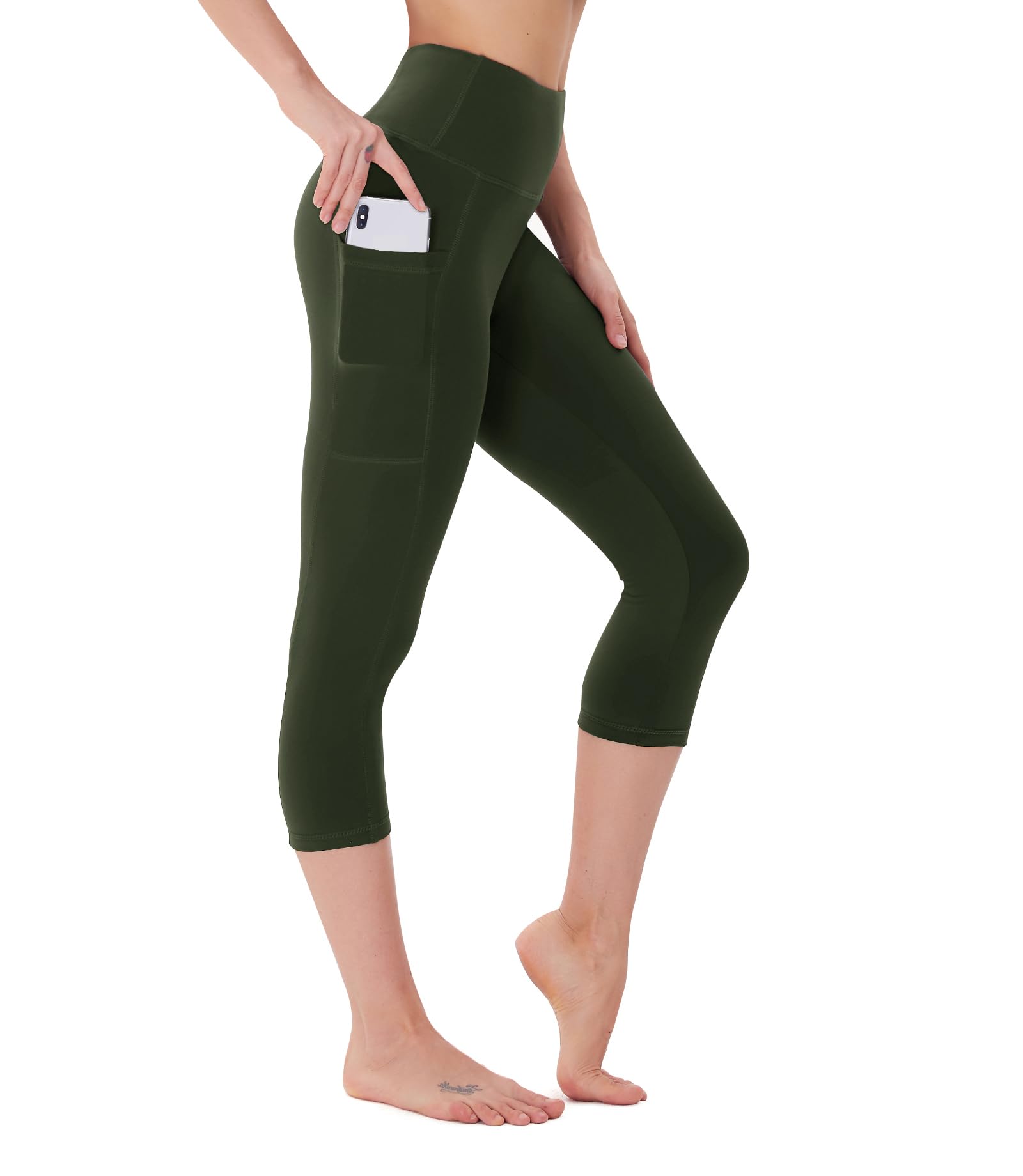 FOTOCITI Leggings Damen mit Tasche Capri Leggins High Waist Caprihose Sommer Blickdicht Sportleggins Sporthose Hose Gym Outdoor Yoga