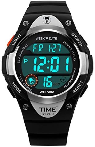 Time Style Black Digital Watch for Adults and Children Ages 5+ Quartz Medium Size Watch, Multi Function, 5ATM Water Resistant