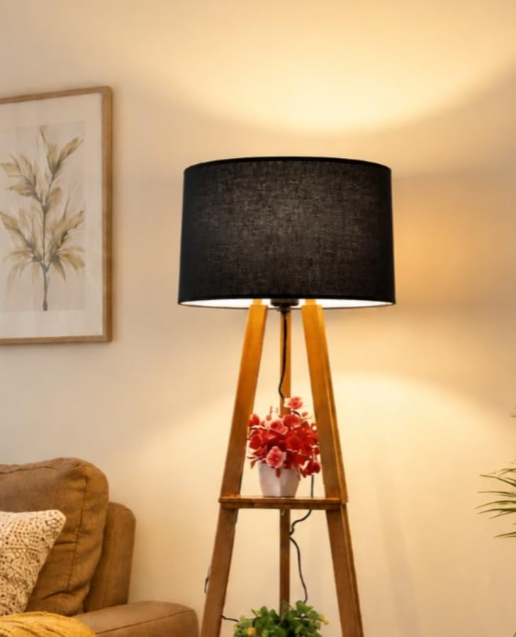 Image of Wooden Tripod Floor Lamp with 3 Shelves Modern Standing Lamp with Fabric Shade Decorative Shelf Floor Lamp for Living Room Bedroom & Home Decor Modern Standing Lamp for Living Room,Bedroom (Black)
