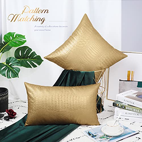 Brawarm Faux Leather Pillow Covers 18 X 18 Inches, Gold Leather Pillow Covers Pack Of 2, Crocodile Leather Decorative Throw Pillows For Living Room Couch Bed Sofa Home #TOP2
