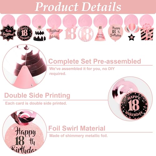 Image of 18th Birthday Decorations for Girls Rose Gold Pink Pre Strung Happy 18th Birthday Banner and Hanging Swirls 18 Year Old Party Decorations Supplies