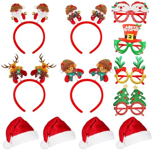 Qaestuan 4 Piezas Diadema Navideña, 4 Piezas Navidad Marcos de Gafas y 4 Pcs Gorro de Papá Noel, Interesante Marcos de Gafas Navideña Set, para Decoración de Fiesta Navideñas