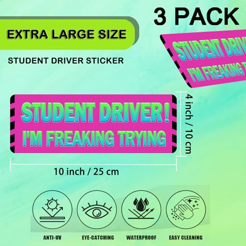 Image of 3 Pack Student Driver Magnet for Car, Magnetic Student Driver Sign for Vehicle, Reflective Warning Bumper Sticker Magnet Sign for New Driver, 10 inch x 4 inch (Pink-Green)