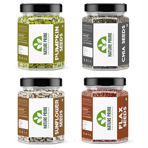 Image of Nature Prime Raw Seeds for Eating Combo Pack - 1kg (Pumpkin Seeds, Chia seeds, Sunflower Seeds,Flax Seeds- 250gm Each, Pack of 4) Jar Pack (250g*4)