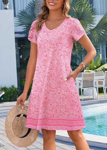 Image of Zeagoo Womens Summer A-Line Dress with Pockets Mini Short Sleeve Dresses Flowy Beach Swing Dress 2026 Vacation Travel