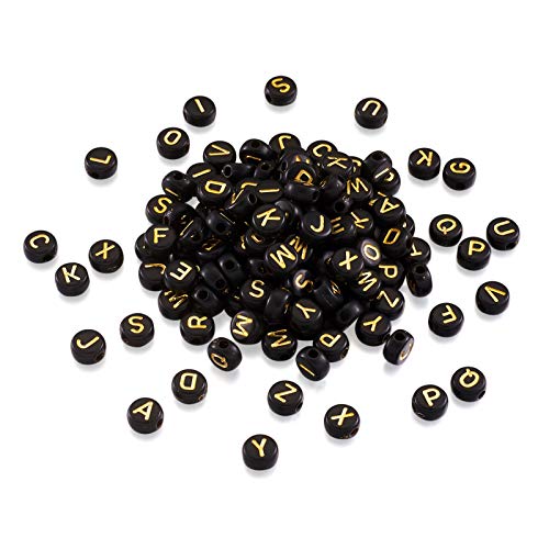 Fashewlery - 370 cuentas redondas redondas de acrílico negras de 7 mm a la Z espaciador de cuentas sueltas con alfabeto dorado chapado en oro para collares, pulseras y bisutería Cover