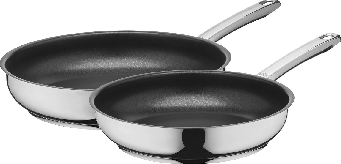 Silit Calabria Lot de 2 poêles à induction 2 pièces 24, 28 cm, en acier inoxydable poli, revêtement anti-adhésif, passe au four, poignée réductrice de chaleur, large bord verseur, convient à