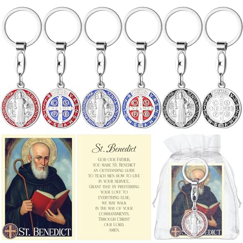 Landical 48 Set Saint Benedict Medal Key Chain with St Benedict Prayer Card and White Organza Bags Catholic Keychain Catholic Gift for First Holy Communion, Confirmation, and Graduation