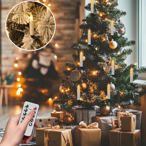 Image of Wondise Christmas Flameless Taper Candle Christmas Tree Candle Lights Battery Operated Candles with Remote & Timer, 10pcs Set Plastic Flickering LED Candles for Christmas Holiday Home Garden Decor