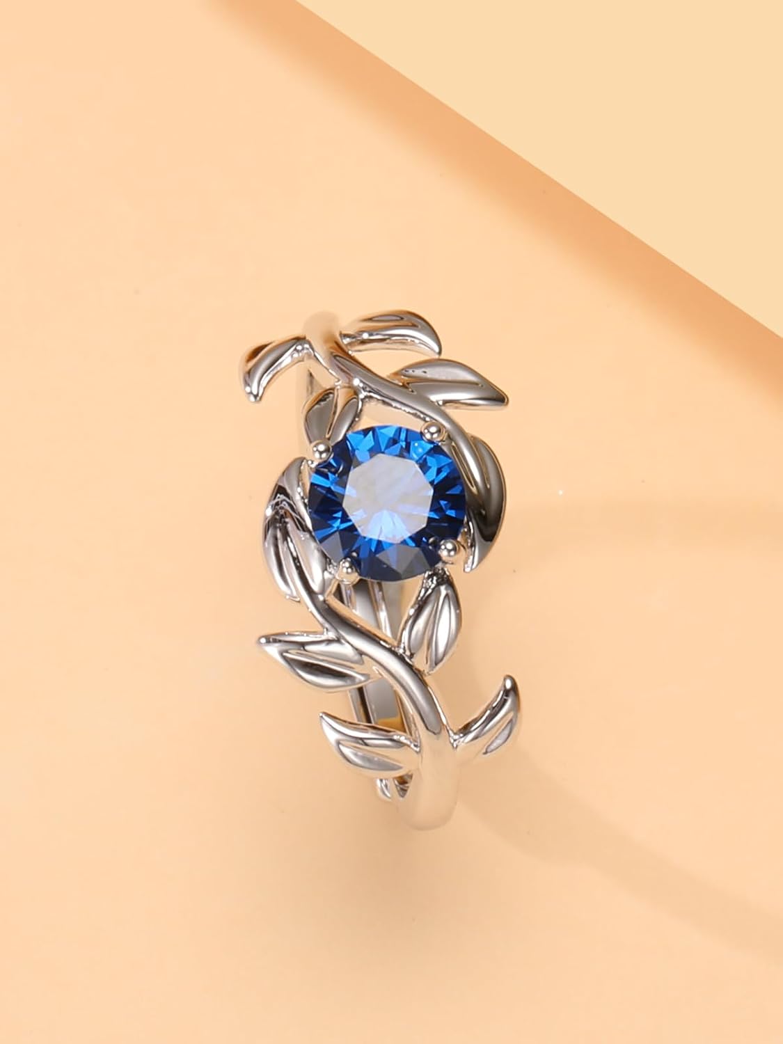 Yaresul Adjustable Sapphire Ring for Women, Open Branch Leaf Dark Blue Stone Ring, September Birthstone Sapphire Engagement Promise Ring, White Gold