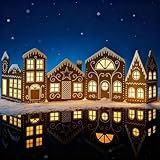 Juego de cartón de casa de jengibre, decoración mágica de pueblo de jengibre navideño, tarjeta de casa plegable con luz LED, cartón, decoraciones de Navidad para casa de campo rústica, regalo de mesa