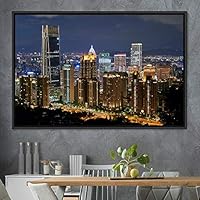 Framed Canvas Wall Art City Illuminations Aerial Cityscape Contemporary Multicolor Photography Places Realism - 16x24 inches
