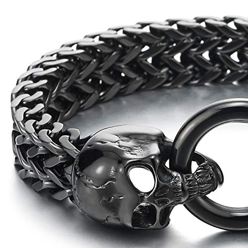 COOLSTEELANDBEYOND Gothic Mens Stainless Steel Skull Franco Link Curb Chain Bracelet with Spring Ring Clasp2