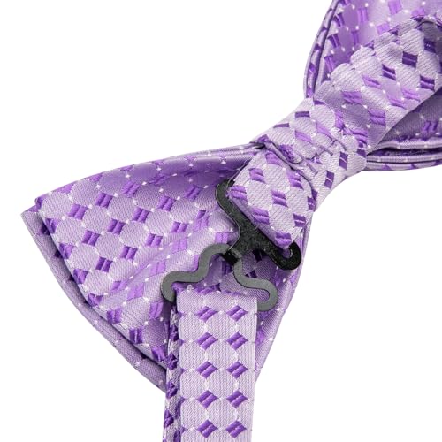 Image of Hi-Tie 5Pcs Mens Solid Color Silk Tie Satin Pretied Bowtie Lapel Pin for Men Handkerchief Cufflink Wedding Gift Box
