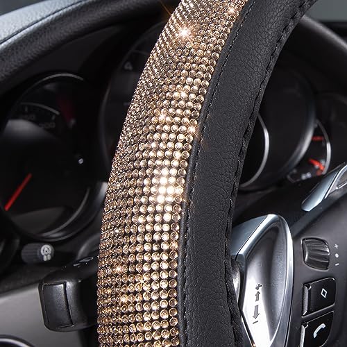 Image of CAR PASS Bling Champagne Diamond Steering Wheel Cover, Black Leather Universal Fit 14.5-15inch Glitter Rhinestones for Women Sparkle Crystal Girly Shining for SUV,Vans,Sedan,Car,Truck, Black Champagne