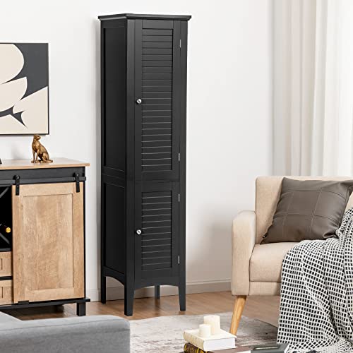 COSTWAY Tall Bathroom Storage Cabinet, 5-Tier Freestanding Linen Tower Cabinet with 2 Doors, Wooden Side Storage Organizer, Narrow Slim Floor Cabinet for Bathroom, Living Room, Kitchen (Black) - Image 2