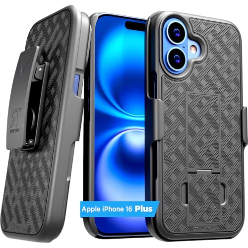 Compatible with iPhone 16 Plus Belt Clip Holster, Heavy Duty Rugged Case with Kickstand, Shockproof Protective Cover, Full Body Protection