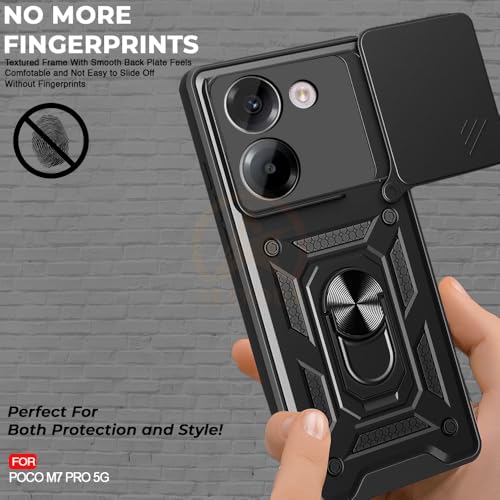 Image of Armor Bumper Back Cover Case for Poco M7 Pro 5G Rotating Camera Cover, Ring Holder & Kickstand | Heavy Duty & 360 Degree Protection Poco M7 Pro 5G Back Cover (Black)