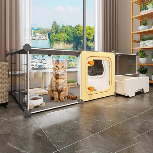 猫ケージ トイレ付き 2 段 広い スリム 飛散軽減 一体型 組み立て簡単 DIY 組立 大きい 脱走防止 キャット 組み替え自由 取り外し可能 おしゃれ 四季折々 猫用 室内猫小屋 (106*36*36)