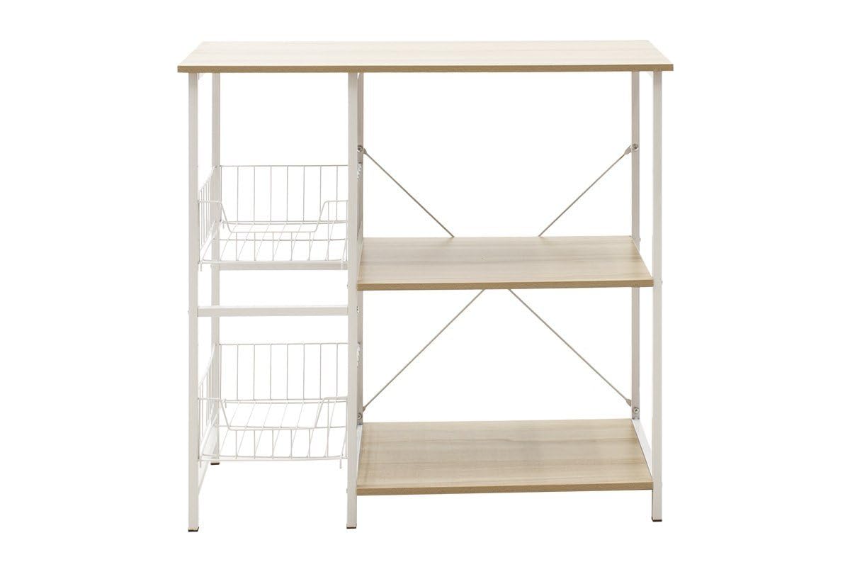 Meyvaser Estanteria de Cocina, Estantería para Microondas con 2 Cestas de Malla Metálica Blanca, 3 Estantes y Ganchos 80x34x75cm Color Madera y Blanco