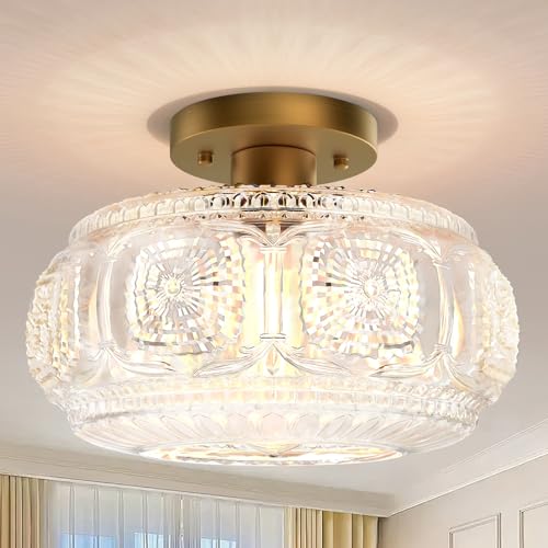 OYKYOHEI Semi Flush Mount Ceiling Light, Upgraded 12 inch Larger Gold Glass Ceiling Light Fixture, Vintage Lighting for Hallway Kitchen Bedroom Dining Room, Bulb Not Included