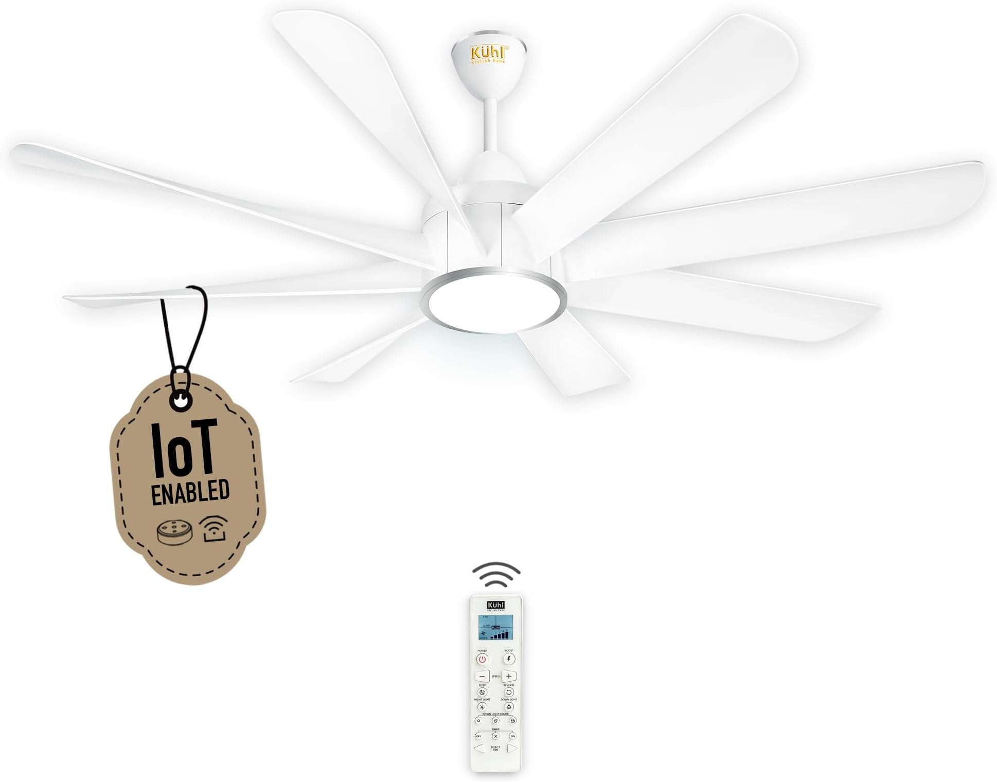 KUHL Platin D8 1500 mm 65% Power Saving BLDC Ceiling Fan With Remote|Down Light|38W|BEE 5 Rated & ISI Marked|Low Noise|Iot -Marked|High Air Flow | 5 Year Warranty On Motor | White | Free Installation