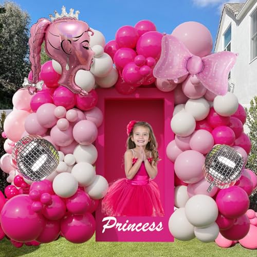 Image of Hot Pink Princess Balloon Arch Kit with Rose Red, Light Pink, Matte White Balloons, Silver Disco Ball, Bows and Crown for Girl Summer Birthday, Coquette Party, Ballerina,Graduation, Baby Shower Decor