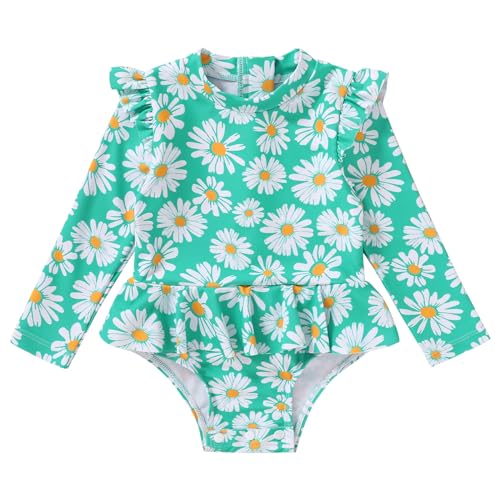 Image of YOUNGER TREE Baby Swimsuit Girl Long Sleeve Ruffle Zipper Rash Guard Infant One Piece Swimwear Toddler Bathing Suit Girl(Green#Flower,3-6 Months)