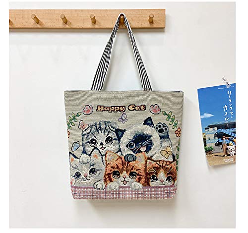 Image of Women's Canvas Cat Print Shoulder Bag - Cat Graphic Hobo Crossbody Handbag
