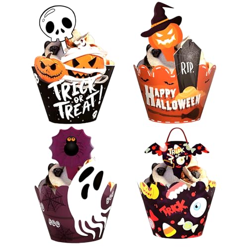 Set de decoración para pasteles de Halloween, 48 piezas: 24 envolturas para pasteles y 24 toppers para cupcakes con fantasmas, calabazas y murciélagos para fiestas de Halloween y cumpleaños