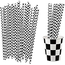 50 Pcs Checkered Flag Paper Straws Racing Car Straws Black and White Checkered Drinking Straws for Racing Birthday Party Decorations