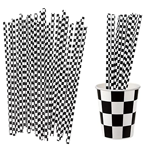 EaciTown 50 pajitas de papel con bandera a cuadros para coches de carreras, pajitas a cuadros en blanco y negro para decoración de fiestas de cumpleaños de carreras